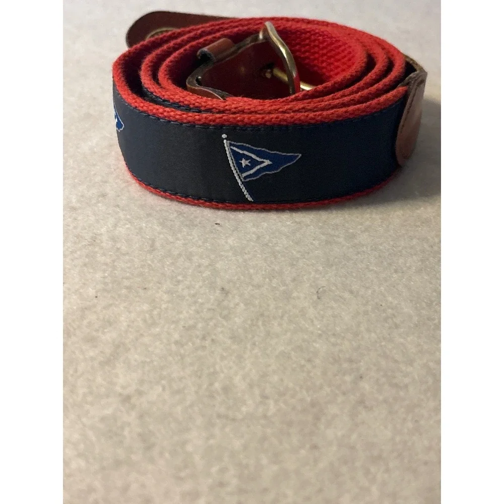Leather Man Ltd Ribbon Belt Mens 40 Red Navy Nautical Burgee Excellent Preppy